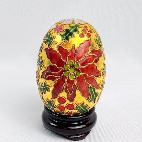 Cloisonne Enameled Brass Christmas Holiday Poinsettia Egg & Stand - Picture 1 of 7